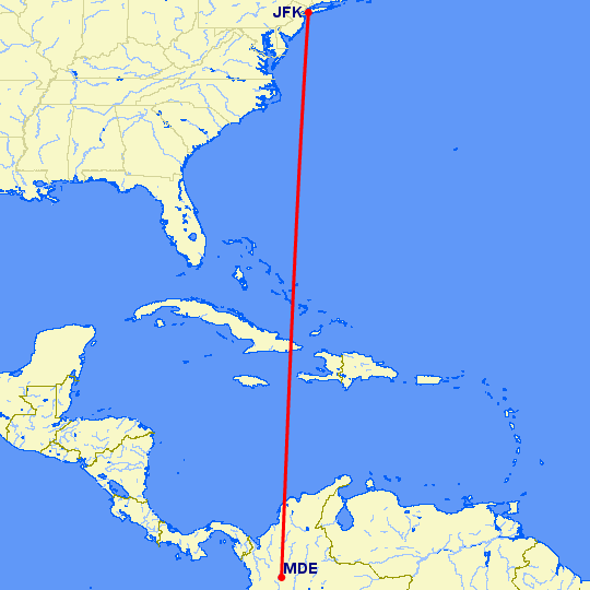 перелет Нью Йорк — Меделлин на карте