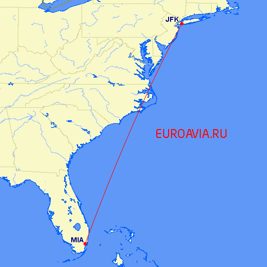 перелет Нью-Йорк — Майами на карте