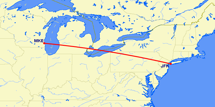 перелет Нью Йорк — Милуоки на карте