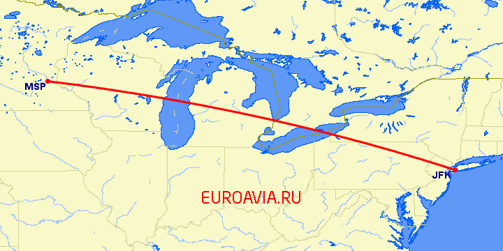 перелет Нью Йорк — Миннеаполис на карте