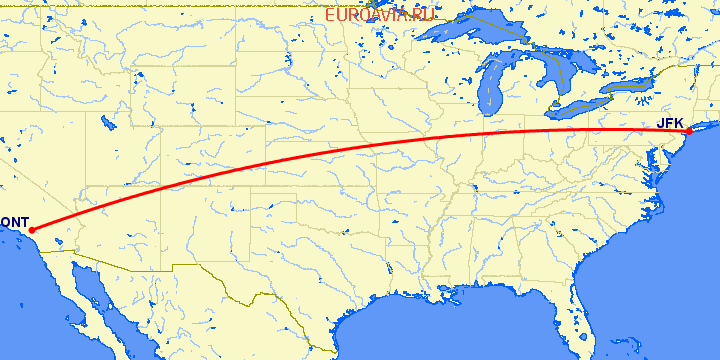 перелет Нью Йорк — Онтарио на карте