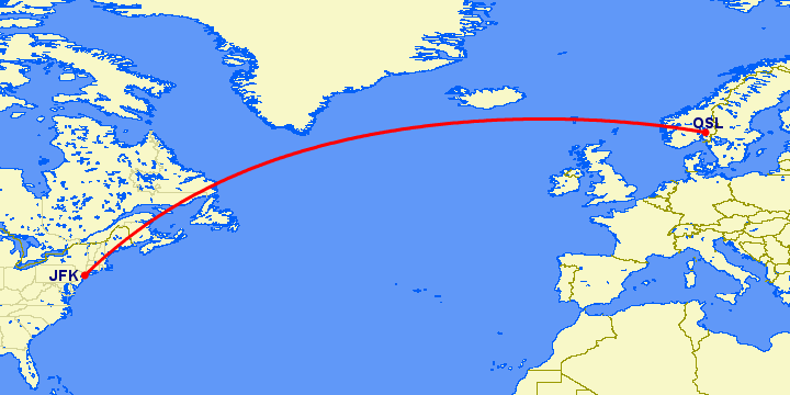 перелет Нью Йорк — Осло на карте