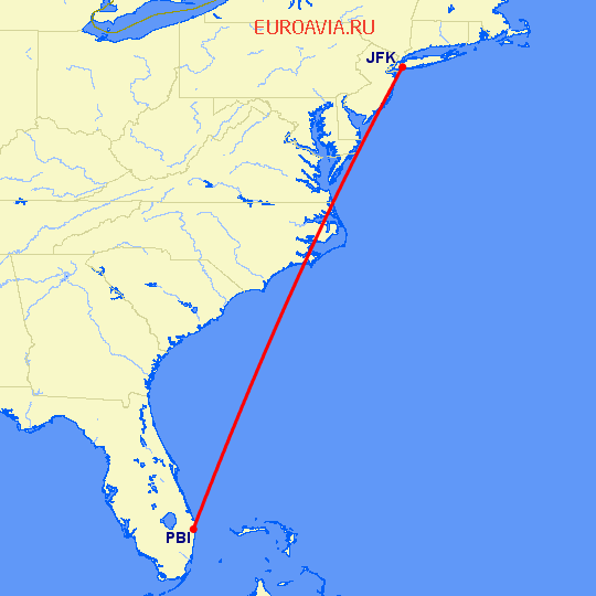 перелет Нью Йорк — Уэст Палм Бич на карте