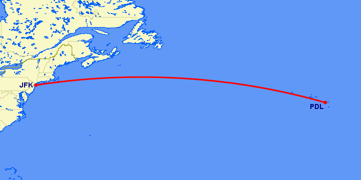 перелет Нью Йорк — Ponta Delgada на карте