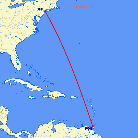перелет Нью Йорк — Port Of Spain на карте
