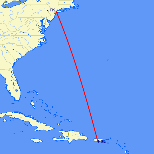 перелет Нью Йорк — Ponce на карте
