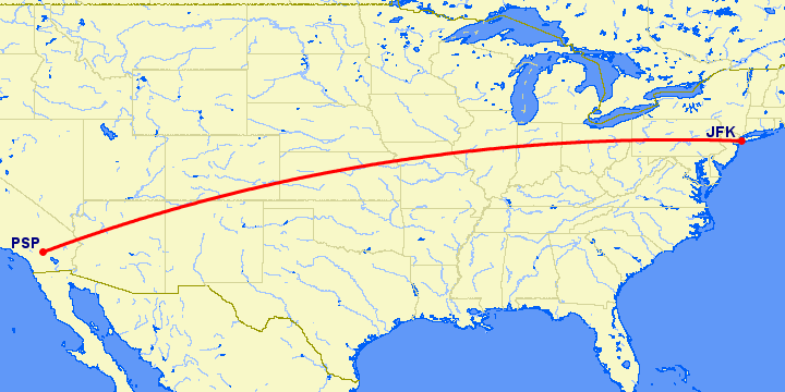 перелет Нью Йорк — Палм Спрингс на карте