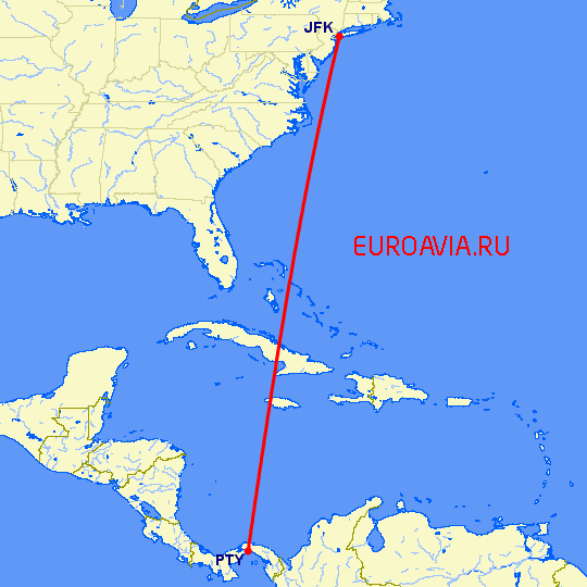 перелет Нью Йорк — Панама Сити на карте