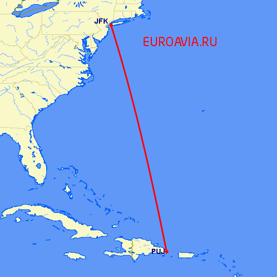 перелет Нью Йорк — Пунта Кана на карте