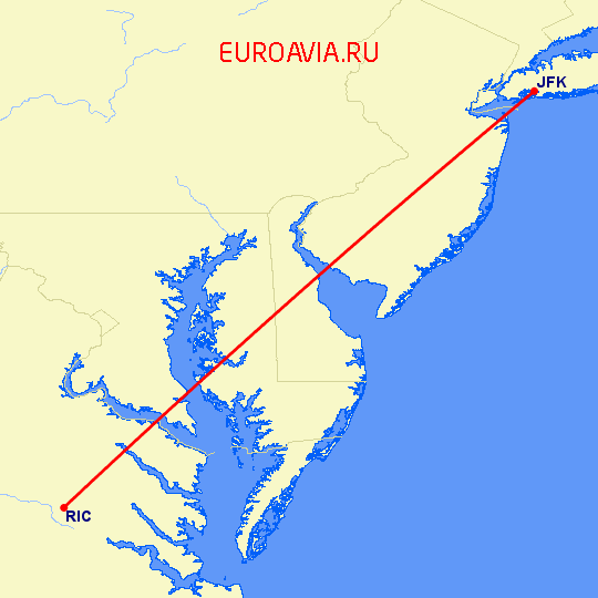 перелет Нью-Йорк — Ричмонд на карте