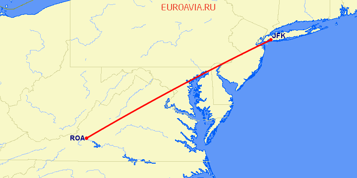 перелет Нью Йорк — Roanoke на карте