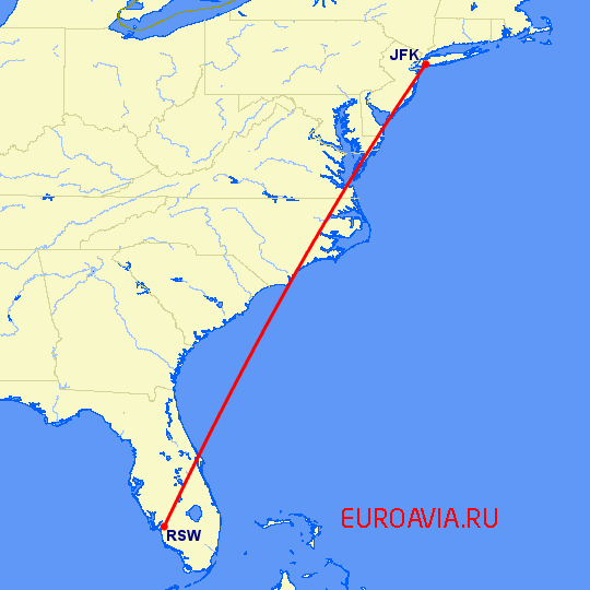 перелет Нью Йорк — Форт Майерс на карте