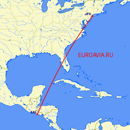 перелет Нью Йорк — Сан Сальвадор на карте