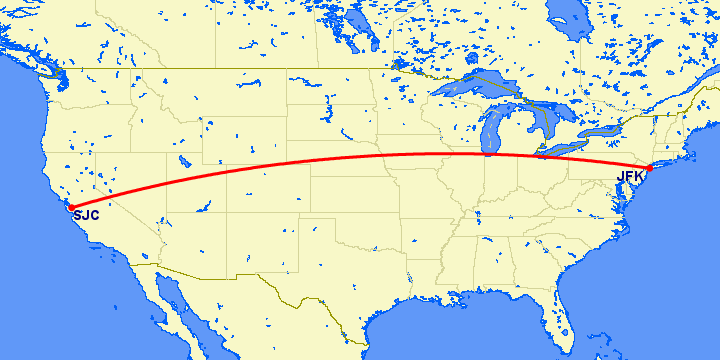 перелет Нью Йорк — Сан Хосе на карте