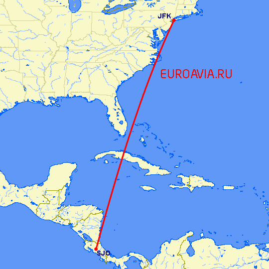 перелет Нью-Йорк — Сан Хосе на карте