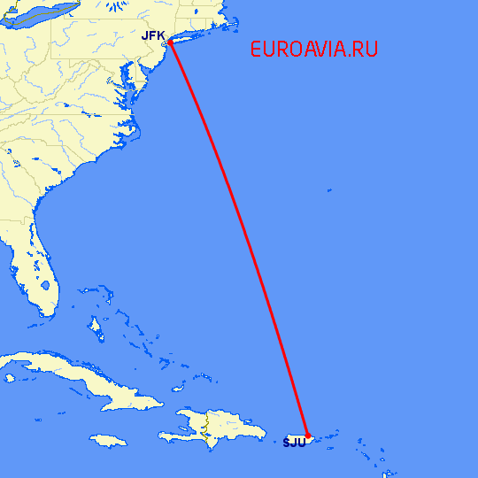перелет Нью Йорк — Сан Хуан на карте