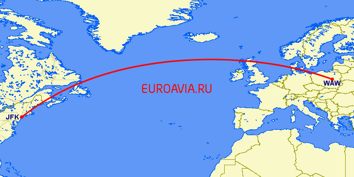 перелет Нью Йорк — Варшава на карте