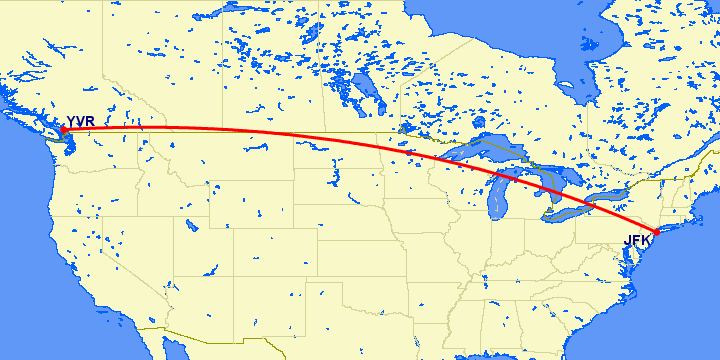 перелет Нью Йорк — Ванкувер на карте