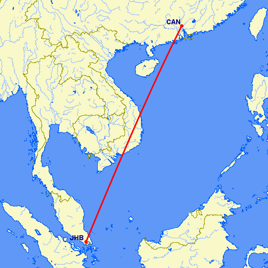 перелет Джохор Бару — Гуанчжоу на карте