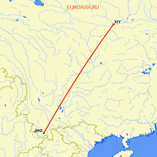 перелет Цзиньхонг — Синьян на карте