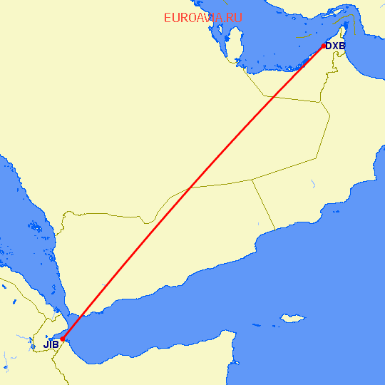перелет Джибути — Дубай на карте