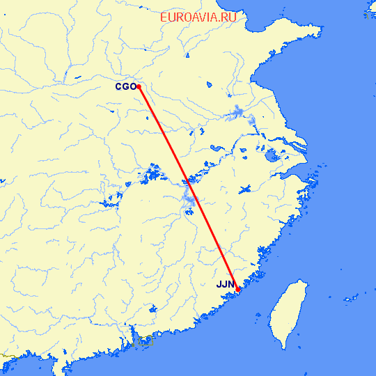 перелет Цзиньян — Чженчжоу на карте