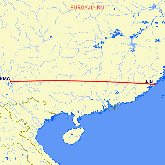 перелет Цзиньян — Кунминг на карте