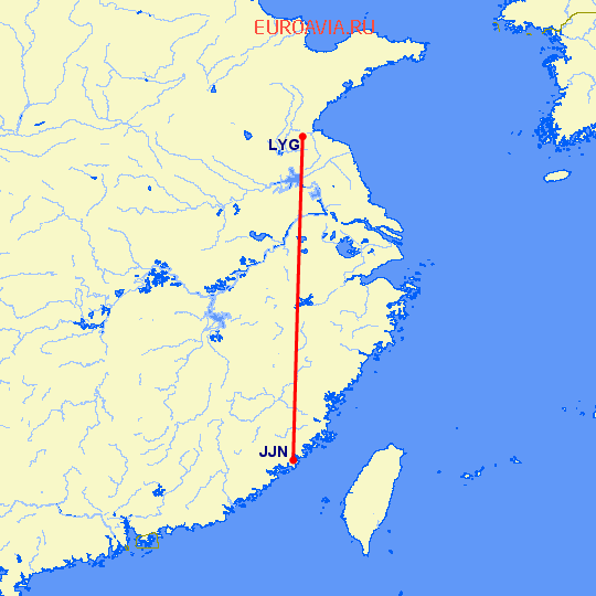 перелет Цзиньян — Лианьюнан на карте