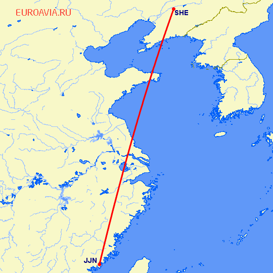 перелет Цзиньян — Шеньян на карте