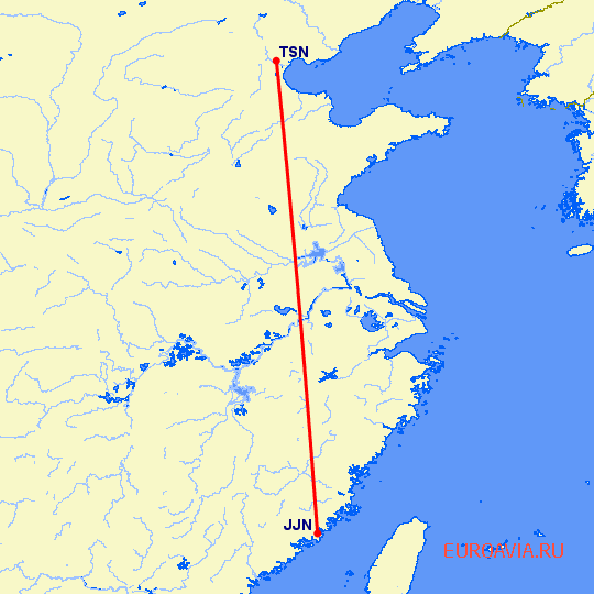 перелет Цзиньян — Тяньцзинь на карте