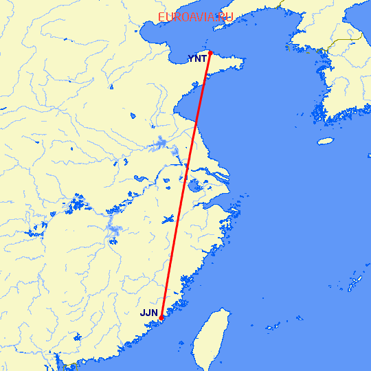 перелет Цзиньян — Янтай на карте