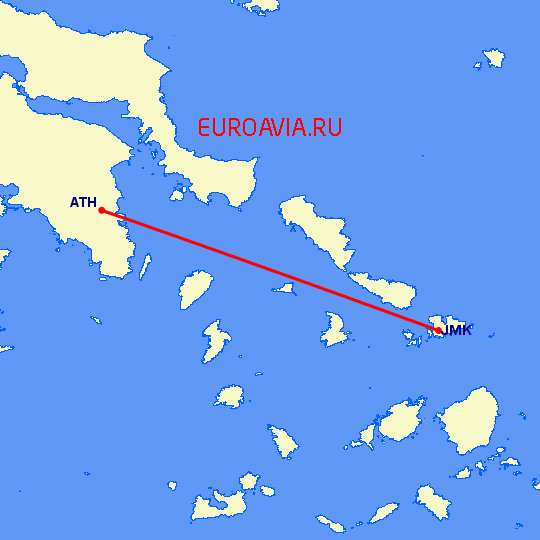 перелет Миконос — Афины на карте