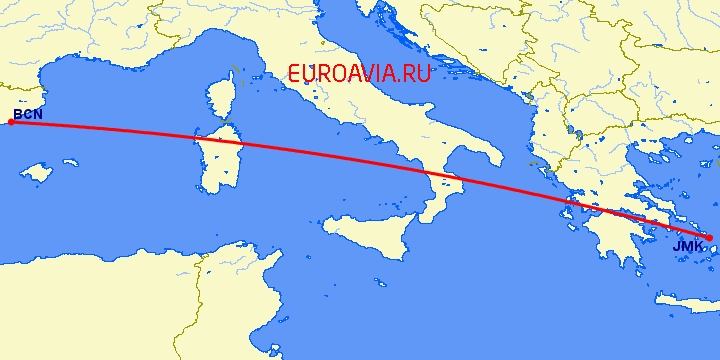 перелет Миконос — Барселона на карте