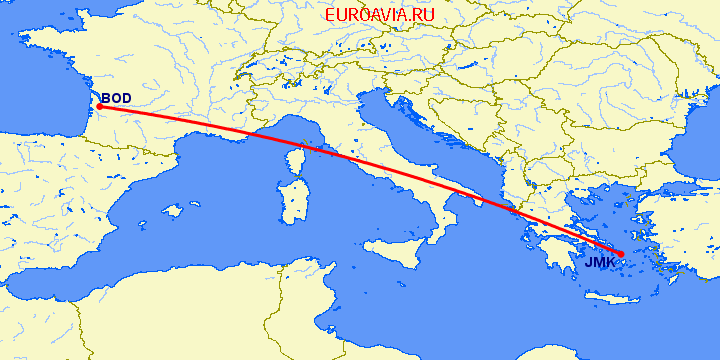 перелет Миконос — Бордо на карте