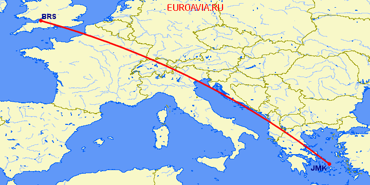 перелет Миконос — Бристоль на карте