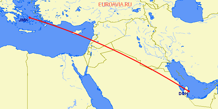 перелет Миконос — Доха на карте