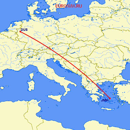 перелет Миконос — Дюссельдорф на карте
