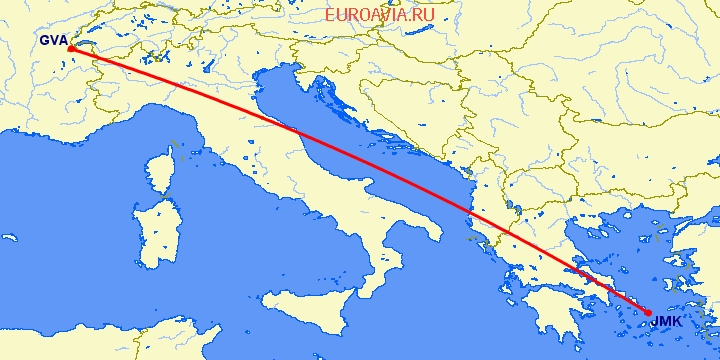 перелет Миконос — Женева на карте