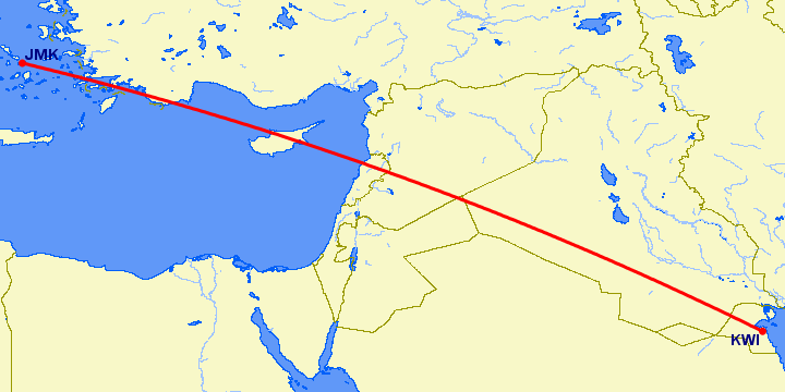 перелет Миконос — Кувейт на карте