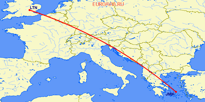 перелет Миконос — Luton на карте
