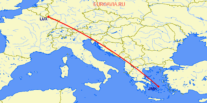 перелет Миконос — Люксембург на карте