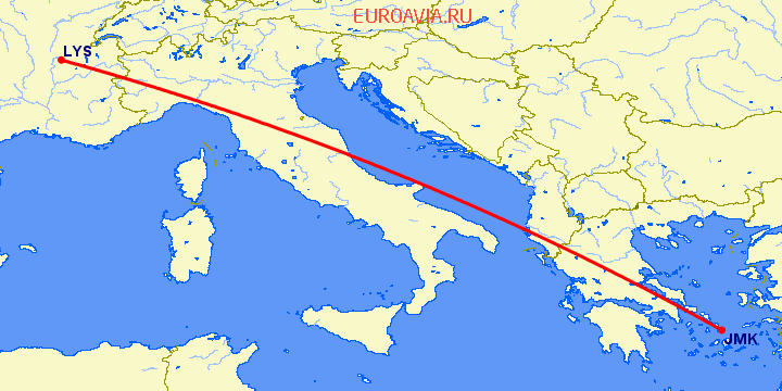 перелет Миконос — Лион на карте