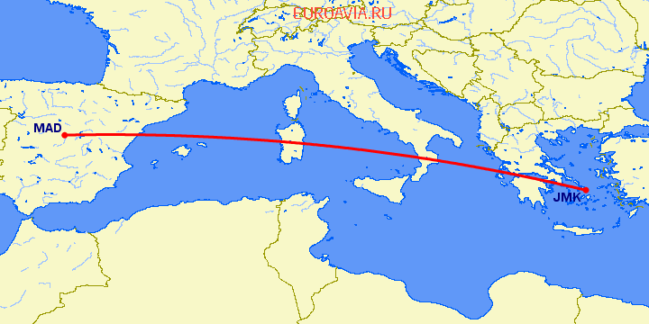 перелет Миконос — Мадрид на карте