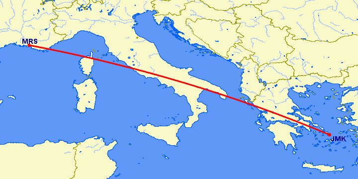 перелет Миконос — Марсель на карте