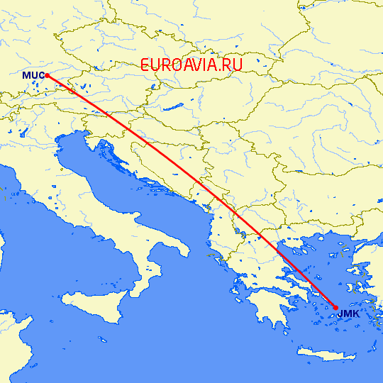 перелет Миконос — Мюнхен на карте