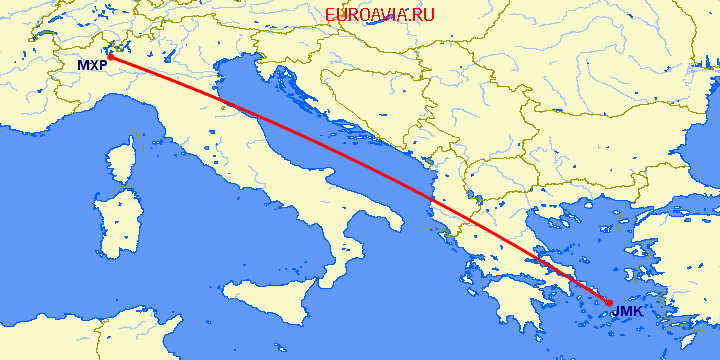 перелет Миконос — Милан на карте