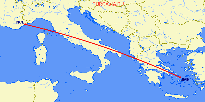 перелет Миконос — Ницца на карте