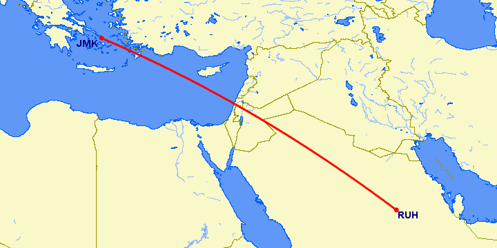 перелет Миконос — Эр Рияд на карте