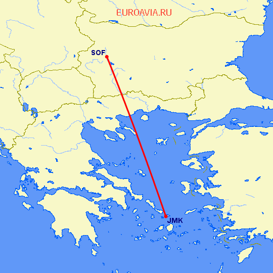 перелет Миконос — София на карте