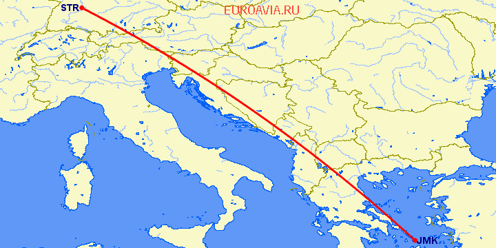 перелет Миконос — Штуттгард на карте